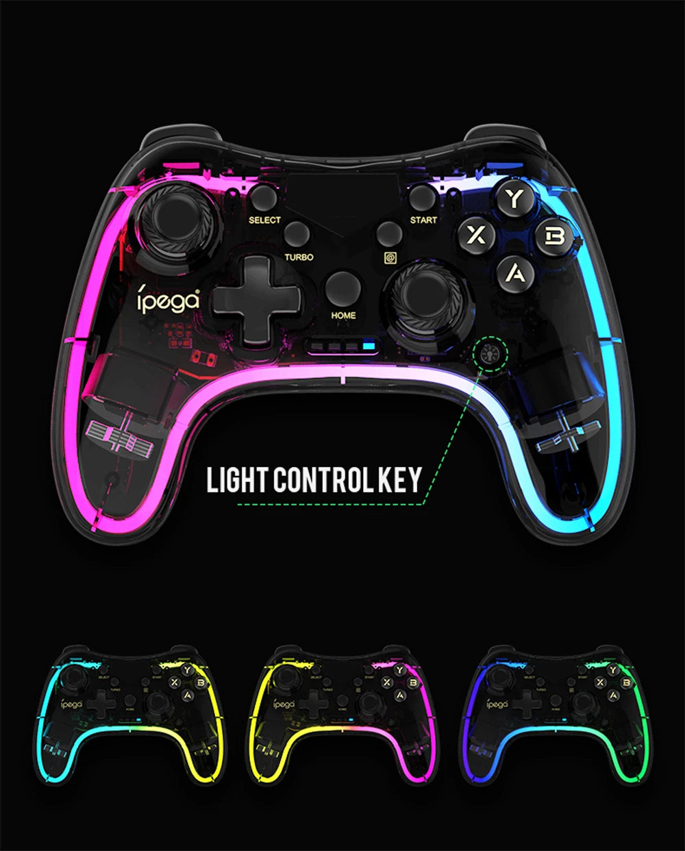 Ipega-mando de juegos PG-9228 con Bluetooth, Gamepad transparente de colores RGB para juegos MFi de NS Switch, iOS y Android