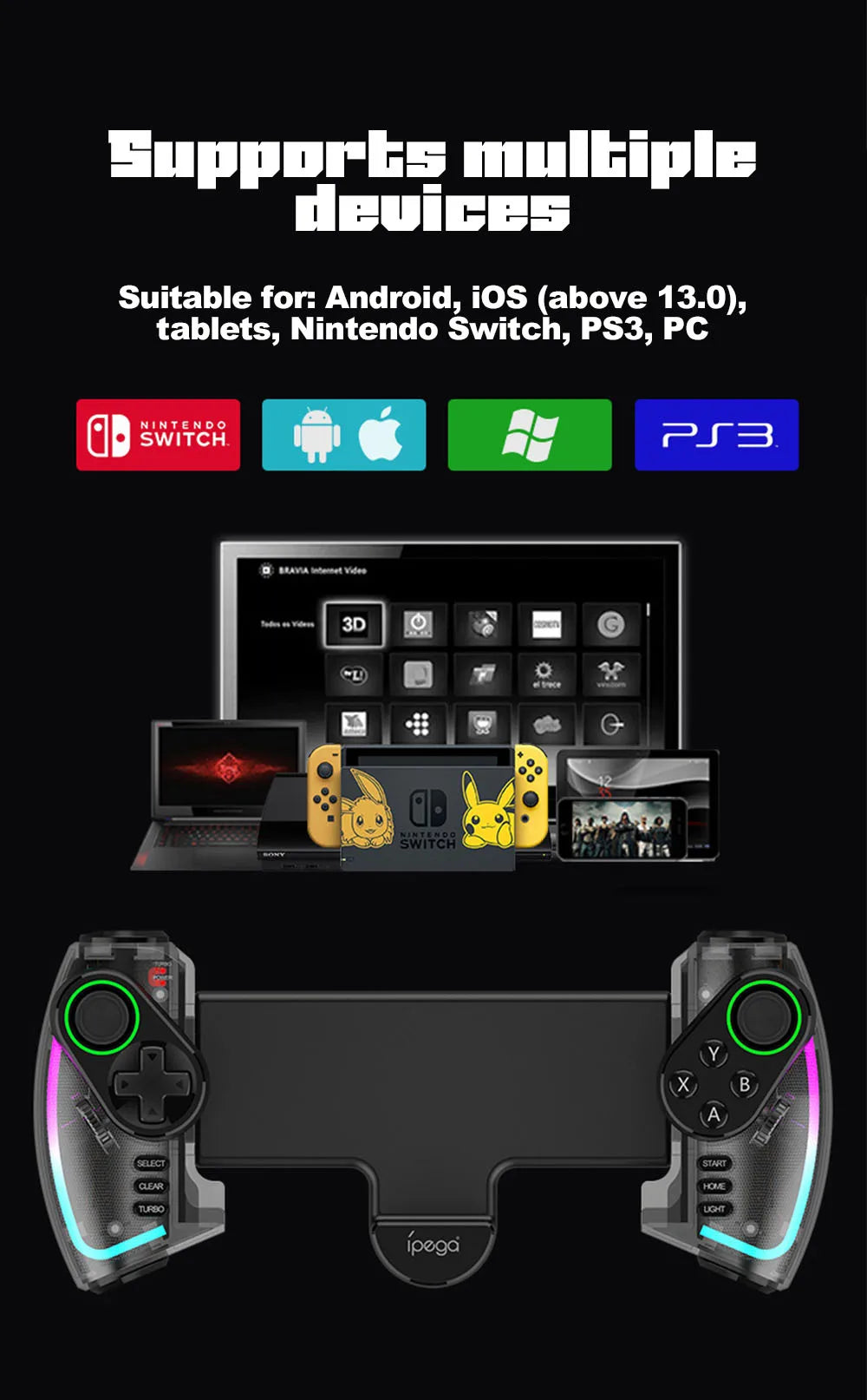 Ipega-Gamepad estirable por Bluetooth para Switch 9777, controlador de juego ajustable con vibración/luz/Turbo/Joystick, para iOS, Android y PC